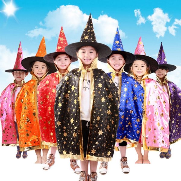 03701-children-halloween-costumes-witch-wizard-cloak-gown-robe-and-hat-cap-stars-fancy-cosplay