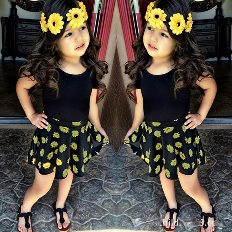 20203-sunflower-printed-skirt-with-tee-girls-fashion-casual-suit-children-clothing-set