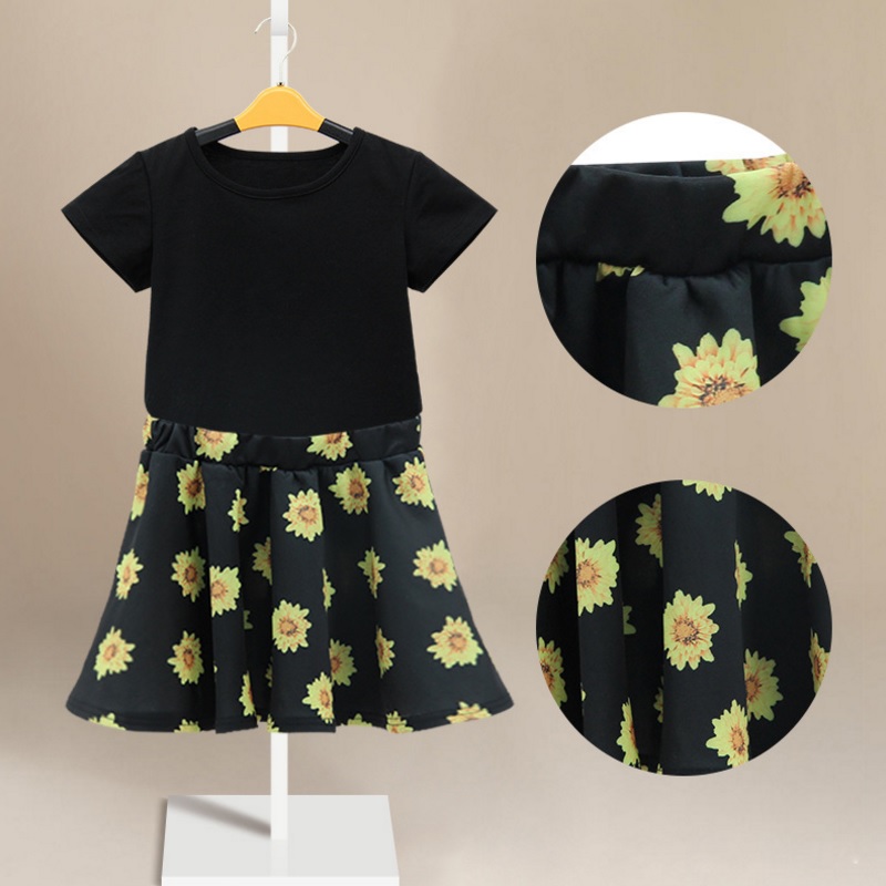 20204-sunflower-printed-skirt-with-tee-girls-fashion-casual-suit-children-clothing-set