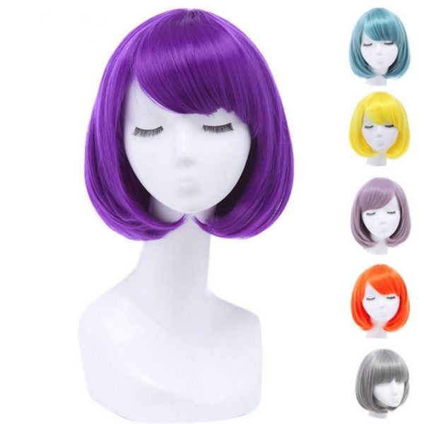 87501 Women Short Purple Red Gray Blue BOB Wigs With Bangs 30cm Straight Synthetic Hairs