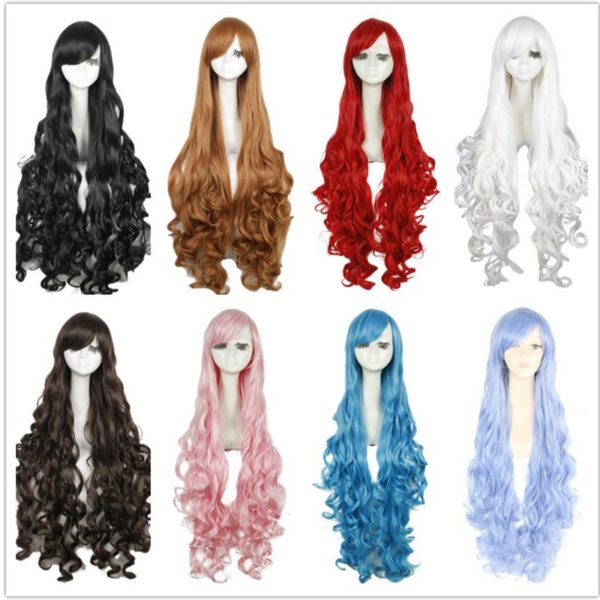 87801 100cm Synthetic Hair Long Curly White Blonde Pink Red Blue Brown Cosplay Wig