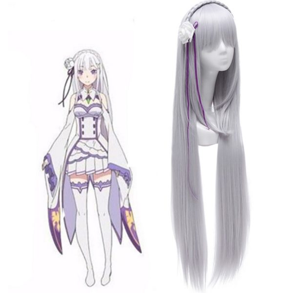 88501 Life in a different world from zero Emilia Cosplay Wigs Long Silver Synthetic Hairs