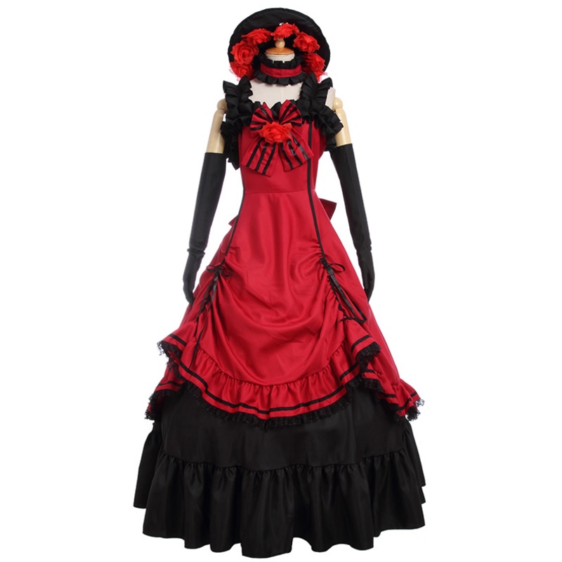 90301 Black Butler Ciel Cosplay Costume Women's Medieval Gothic Long Dresses Red Evening Dresses