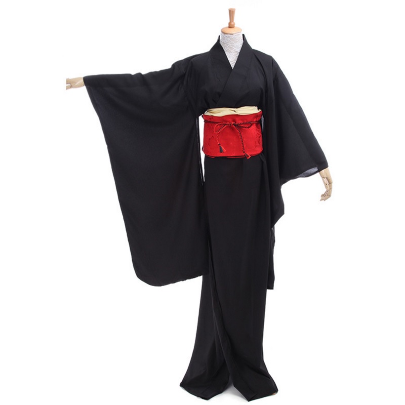 91501 Japanese Kimono Women Traditional Black Yukata Cosplay Costumes Obi Belt Evening Dresses