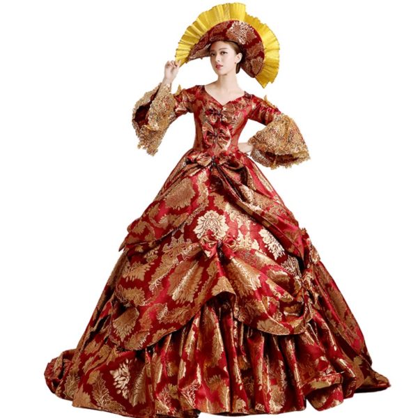 92801 Medieval Renaissance Victorian Dresses Red Gold Masquerade Costumes Queen Ball Gowns For Ladies