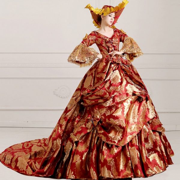92802 Medieval Renaissance Victorian Dresses Red Gold Masquerade Costumes Queen Ball Gowns For Ladies