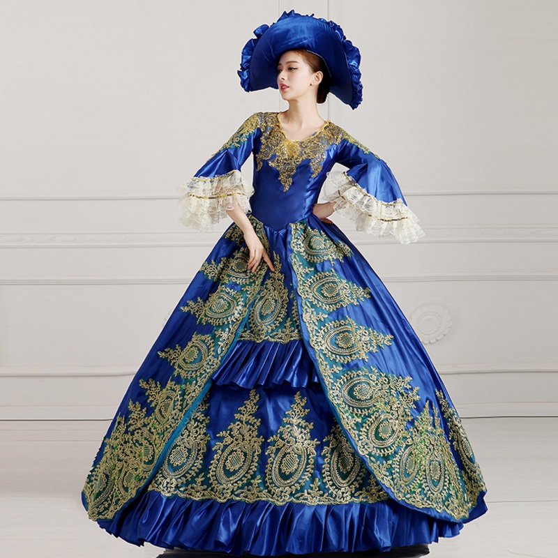 96501 Gothic Victorian Evening Dresses Dark Blue Long Royal Court Palace Costume