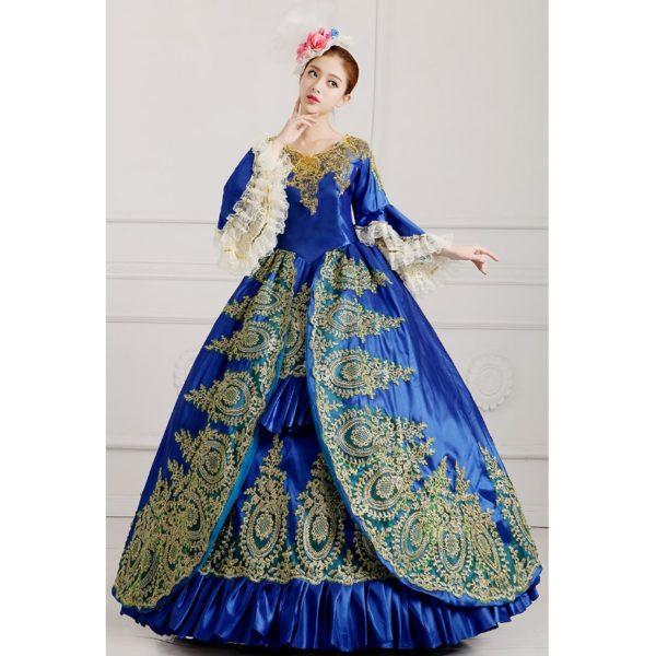 96505 Gothic Victorian Evening Dresses Dark Blue Long Royal Court Palace Costume